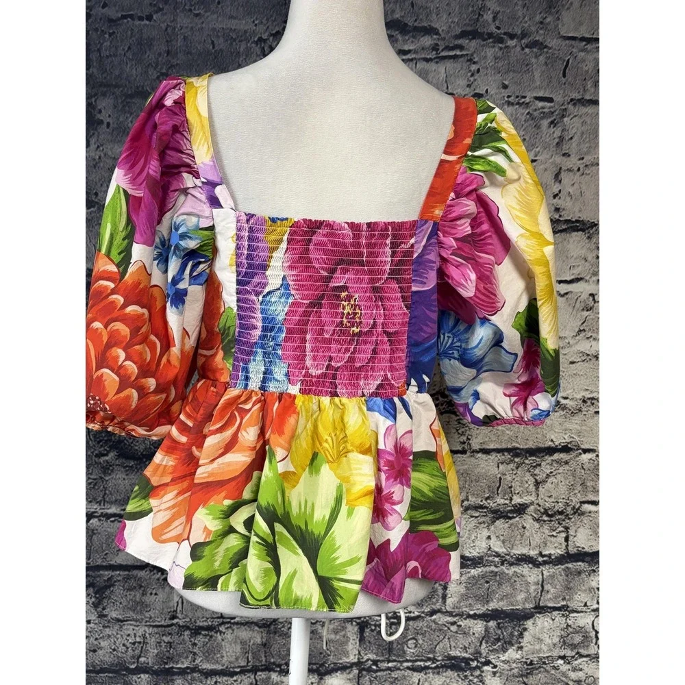 Farm Rio Blouse Womens Large Multicolor Floral Puff Sleeve Square Neck Boho